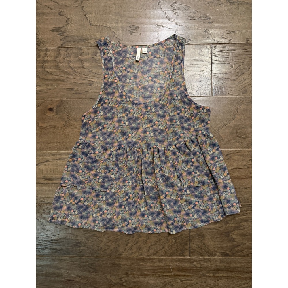 Frenchi Women Small Blue Floral Babydoll Tank Top Scoop Neck Tiered Ruffle Hem